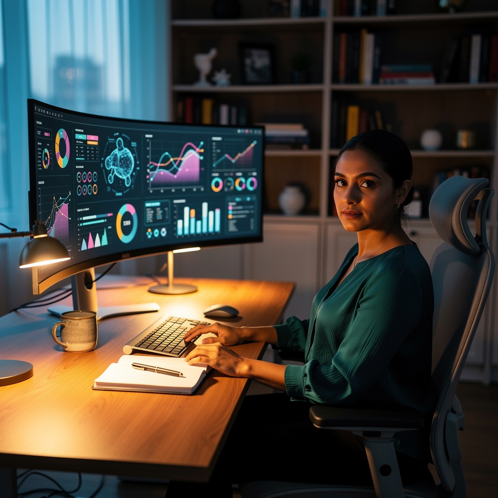 Persona aprendiendo habilidades del futuro con tecnología avanzada